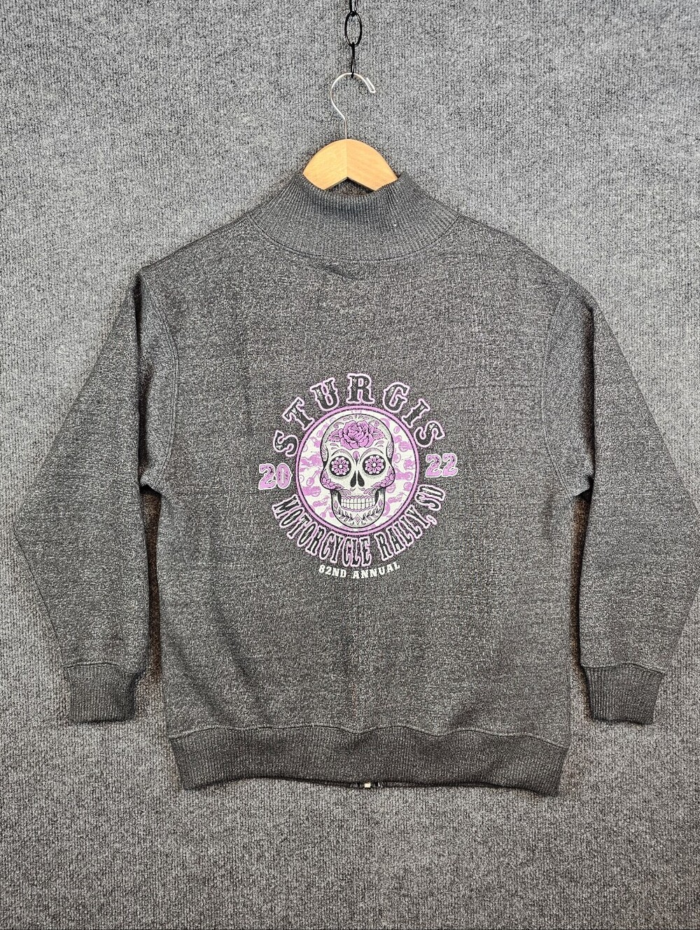 2022 Sturgis Motorcycle Rally Mock Neck Zip Up Sweater Sugar Skull 82nd